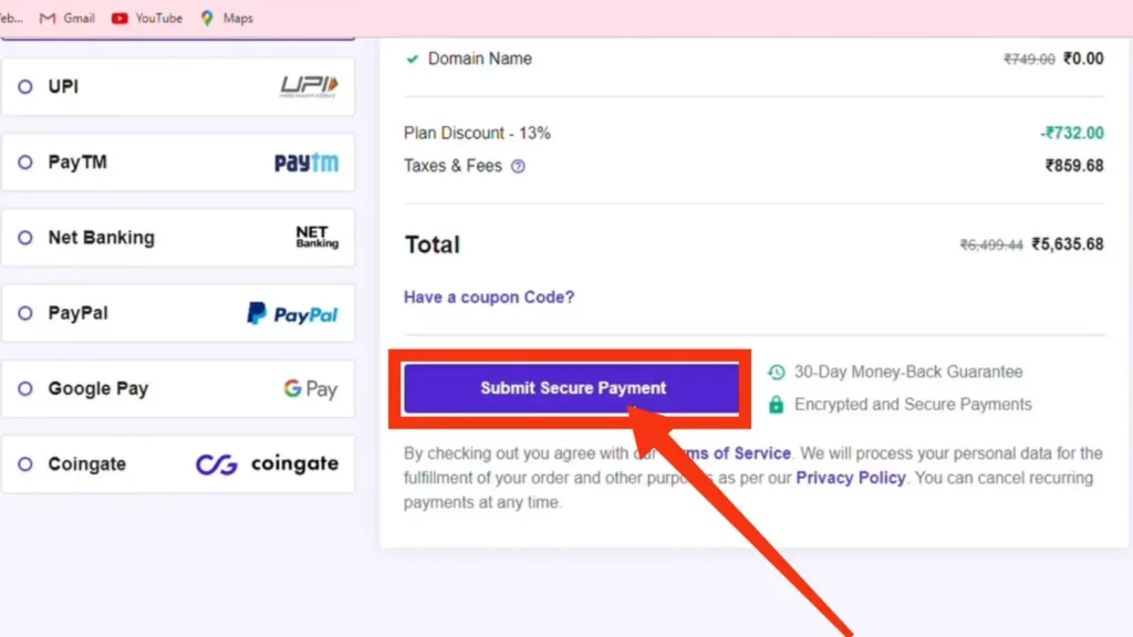 choose payment method and click submit secure payment