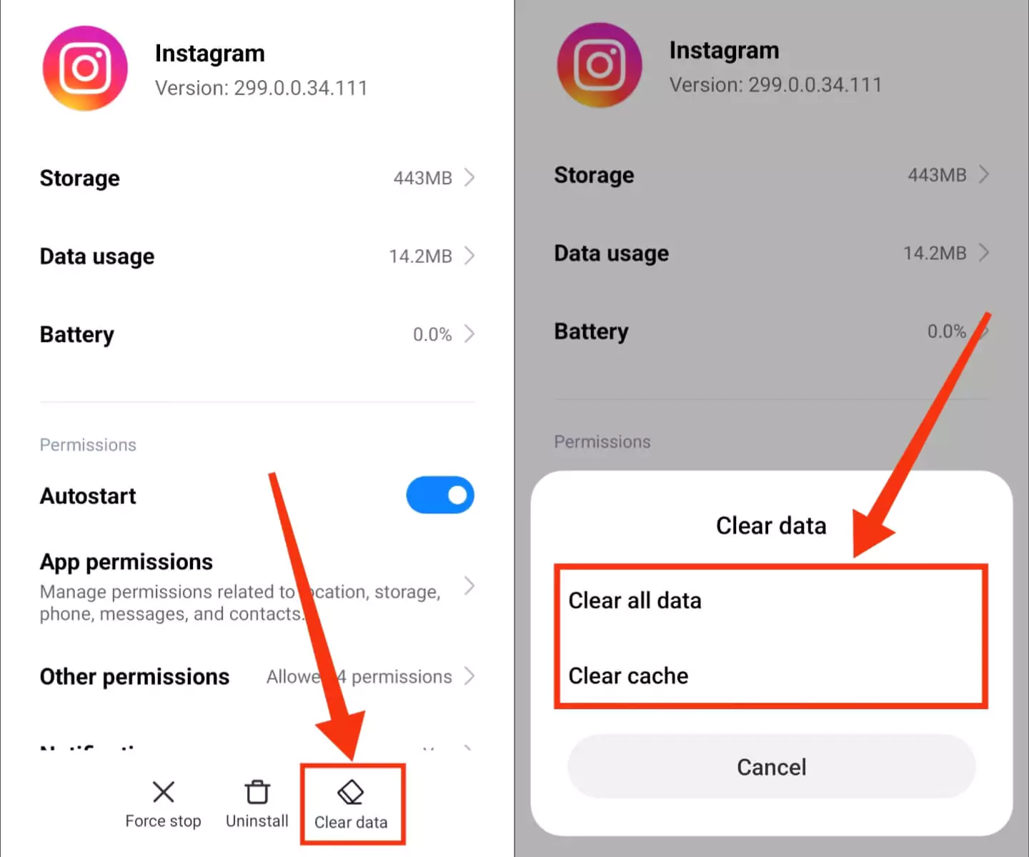 clear cache and data of instagram