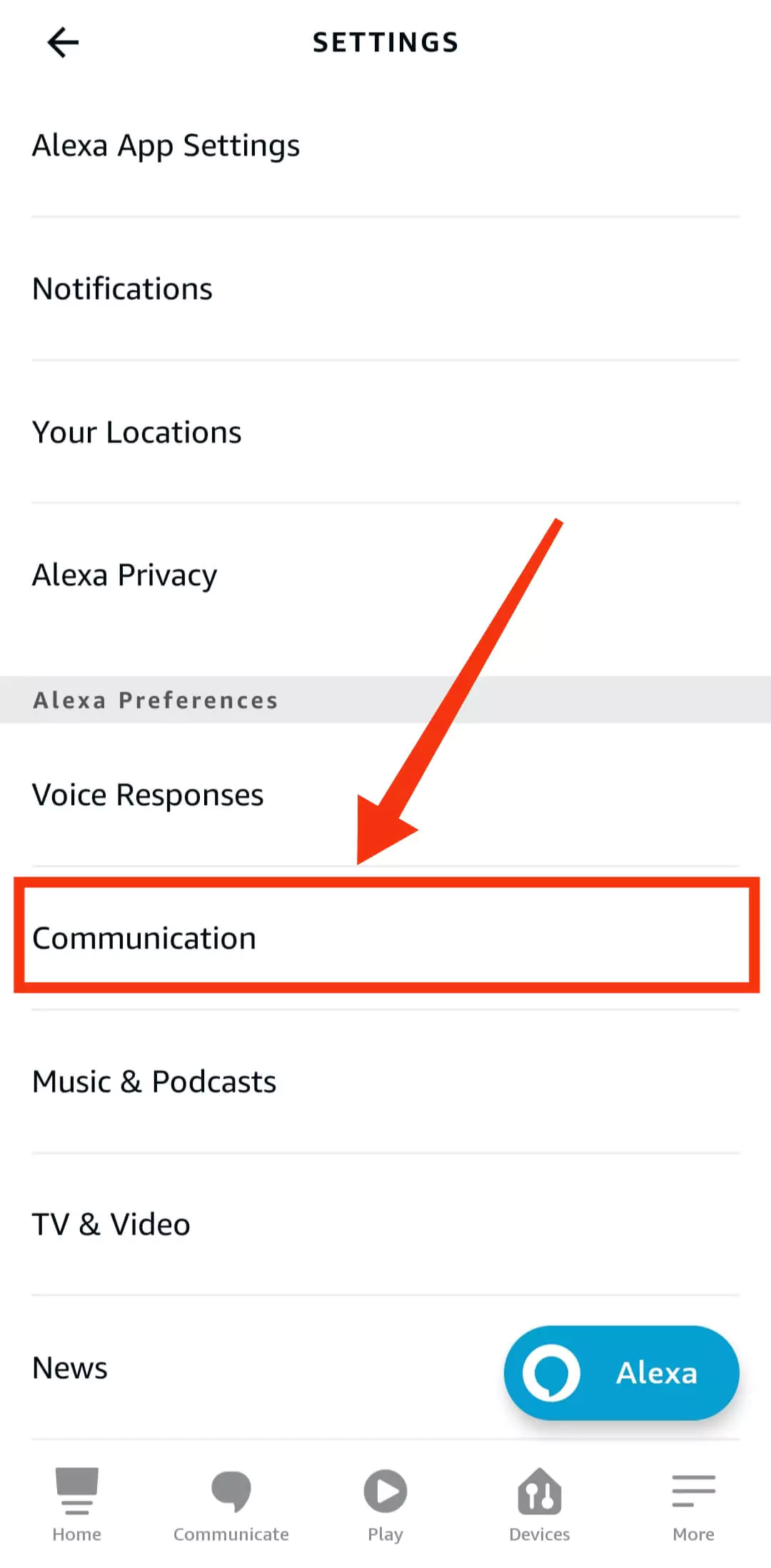 click on communication on alexa app