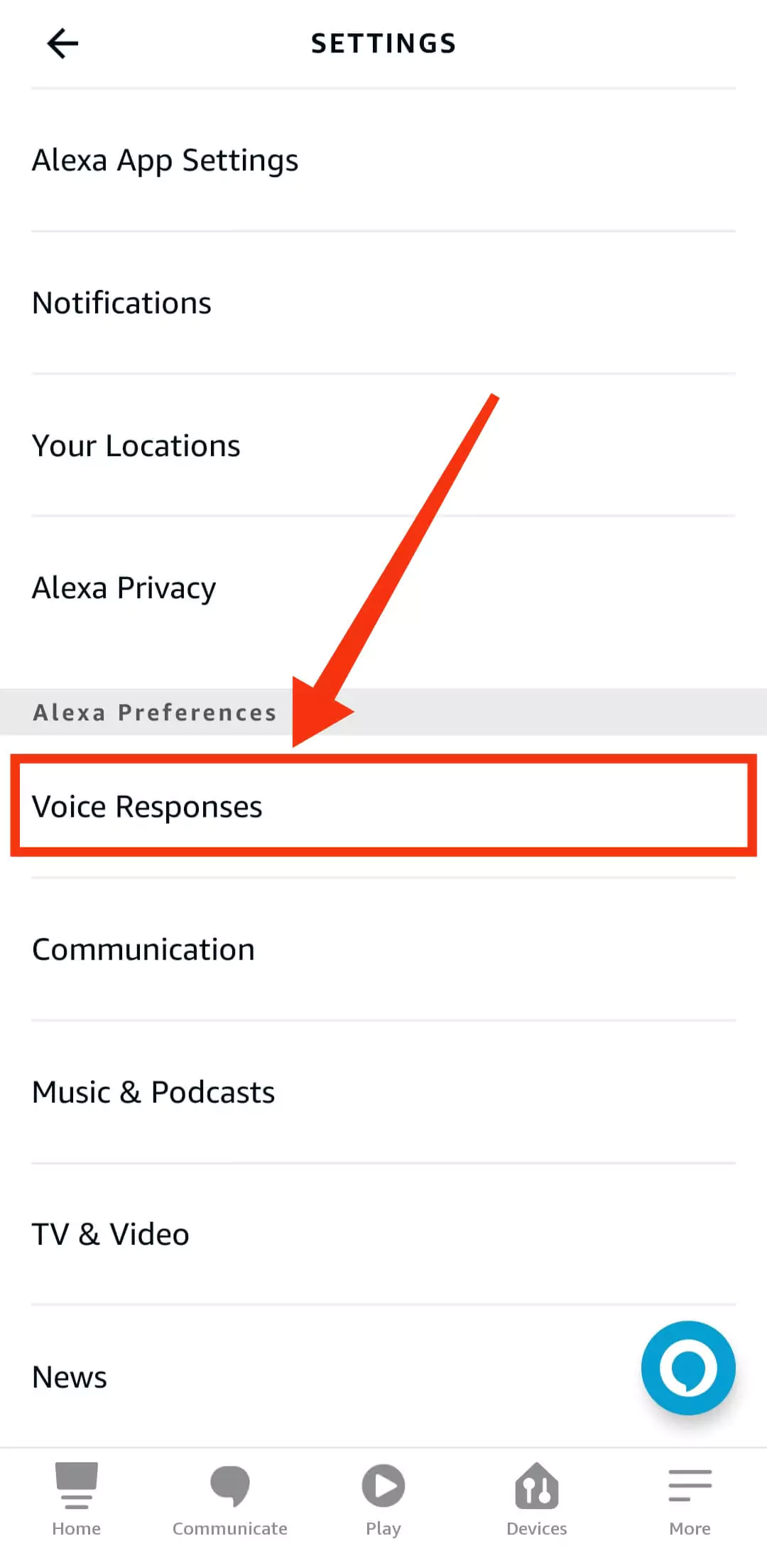 click on voice responses in alexa app